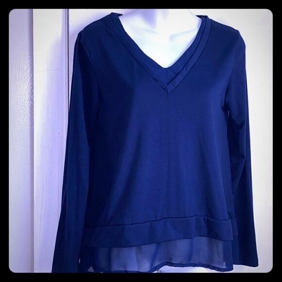 MEANOR Navy LS Tee with Sheer Trim- S - Picture 1 of 6